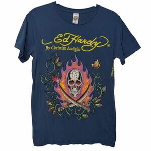 ED HARDY Skull & Flames Y2K Grunge Fire T-Shirt by Christian Audigier